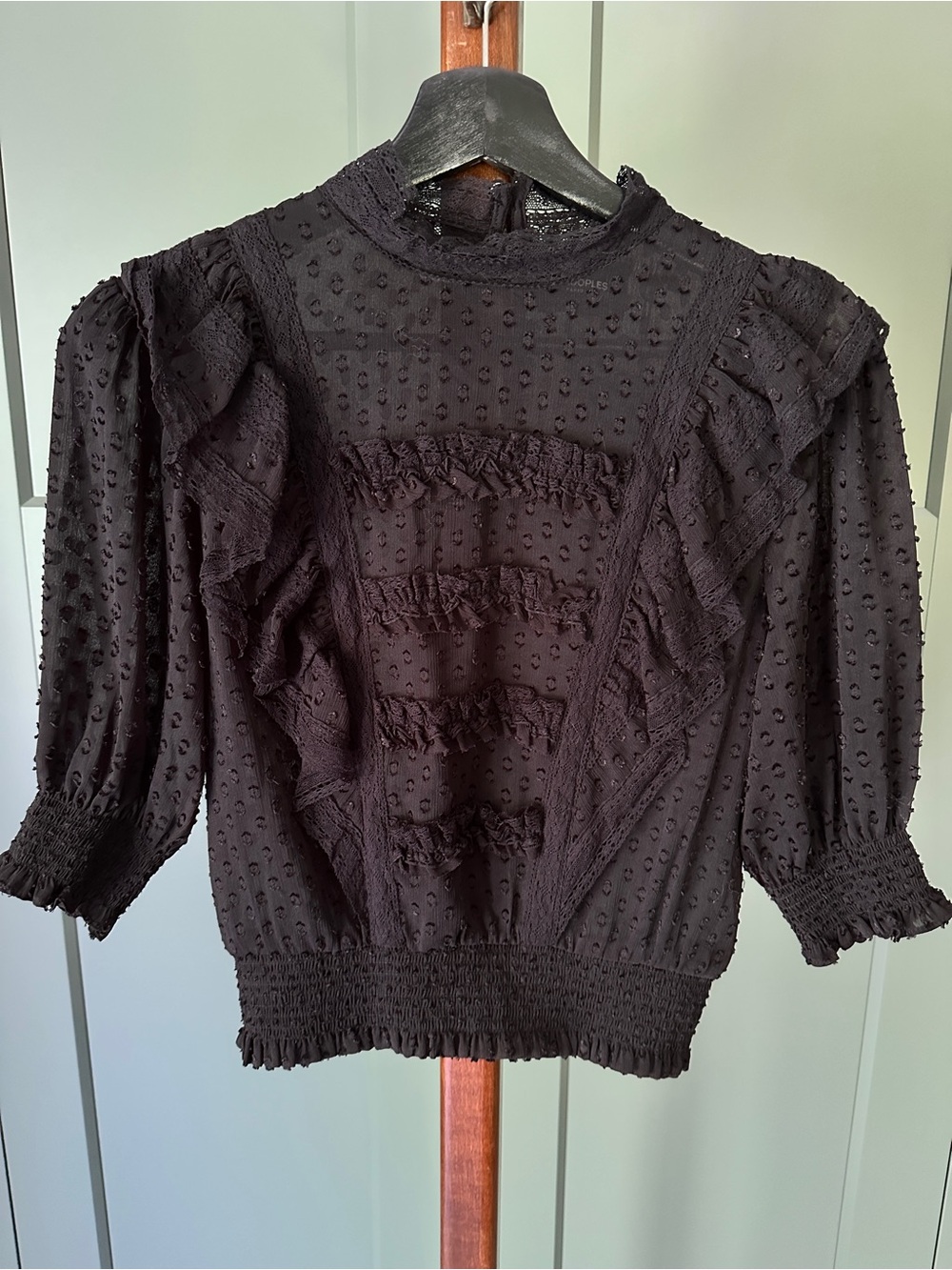 The Kooples Black Swiss Dot Ruffle Blouse NEW Size Small